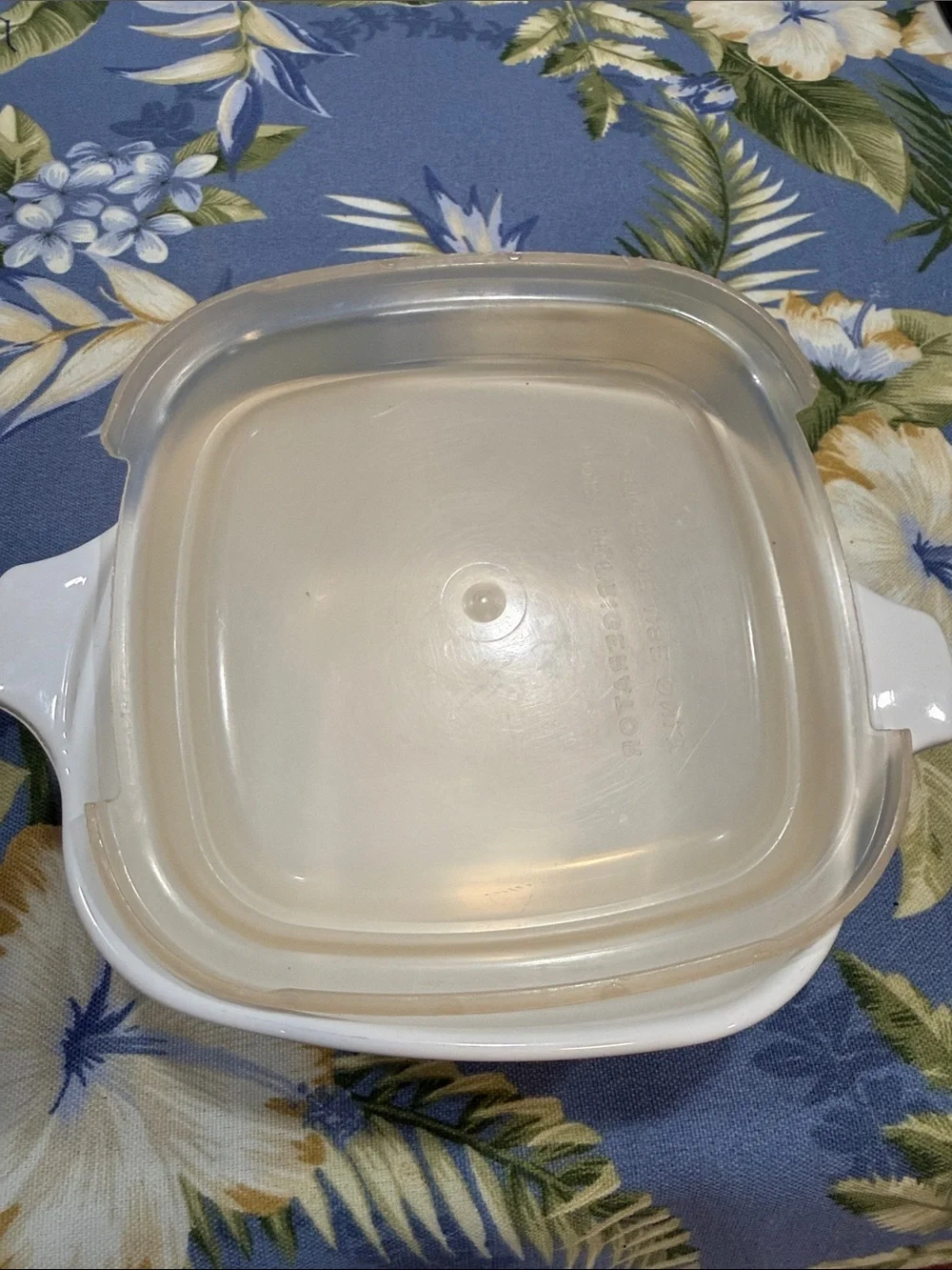 Corningware White Casserole with Blue Cornflower Design and Plastic Lid